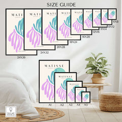 Matisse Art Prints -Teal Pink Abstract Leaves Sun Poster size guide with various frame dimensions.