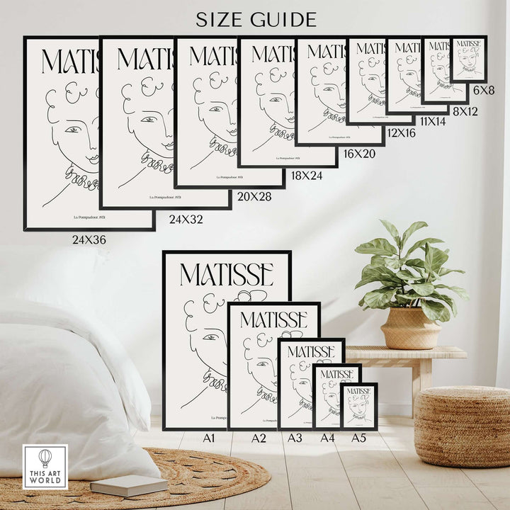 Size guide for Matisse La Pompadour art prints showing various dimensions and placement options in a stylish setting.