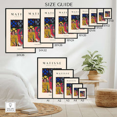 Matisse Art Prints - Two Women Guitar Interior Scene Poster size guide showcasing various frame options.