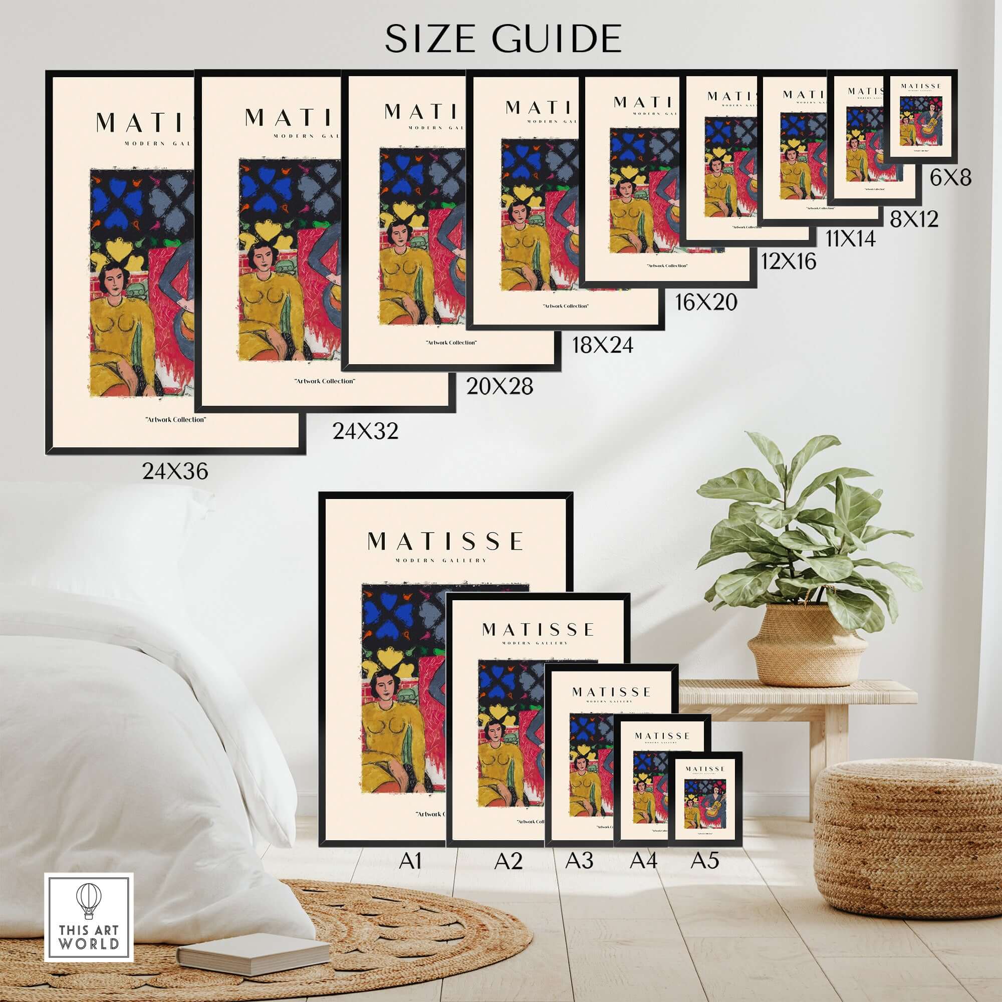 Matisse Art Prints - Two Women Guitar Interior Scene Poster size guide showcasing various frame options.