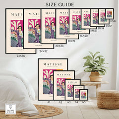 Matisse Art Prints - Reclining Woman Striped Robe Abstract Print size guide showcasing various frame options.