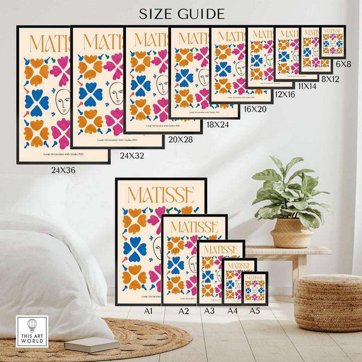 Matisse Art Print Size Guide showcasing various sizes of floral pattern posters on a stylish interior background.