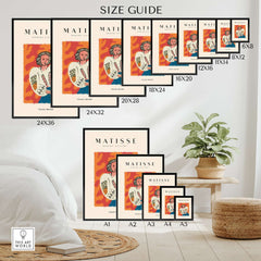 Matisse Art Prints - Woman White Blouse Blue Skirt Portrait Poster size guide displaying various frame sizes.