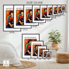 Matisse Art Prints - Woman with Black Cat Interior Poster size guide showing various frame sizes.