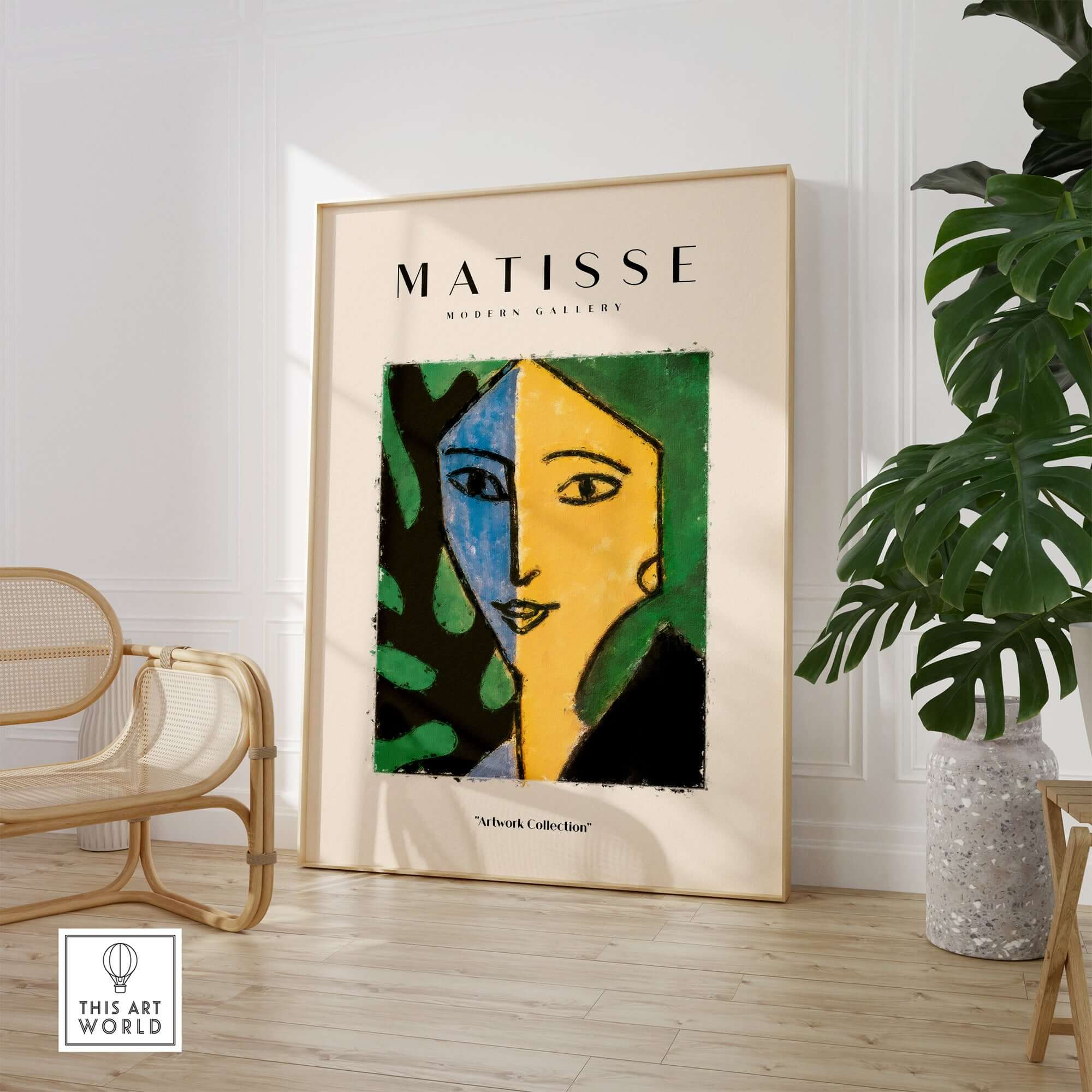 Matisse Art Prints - Split Face Blue Yellow Portrait Poster displayed in a modern gallery setting with lush greenery.