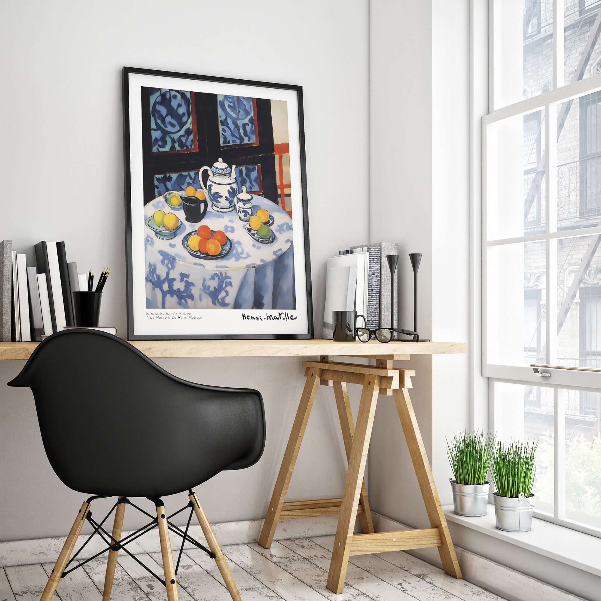 Matisse Art Prints - Still Life Blue Tablecloth Poster displayed in a modern home workspace with artful decor.