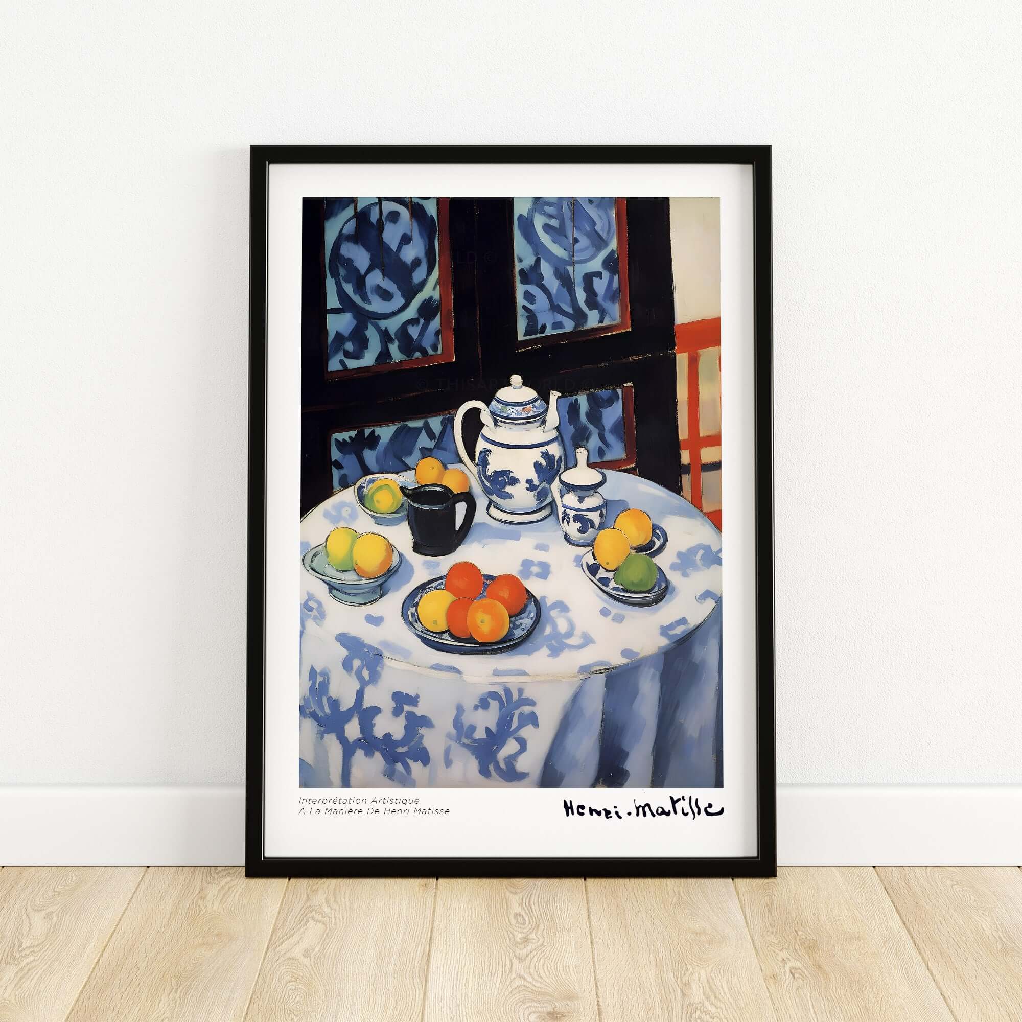 Matisse Art Prints - Still Life Blue Tablecloth Poster featuring a blue and white tablecloth with vibrant fruit and teapot.