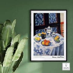 Matisse Art Prints - Still Life Blue Tablecloth Poster showcasing a vibrant table setting with fruits and teapot.