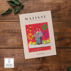 Matisse Art Prints -  Still Life Flowers Lemons Red Pattern Poster featuring a vase of flowers and lemons on a colorful background.