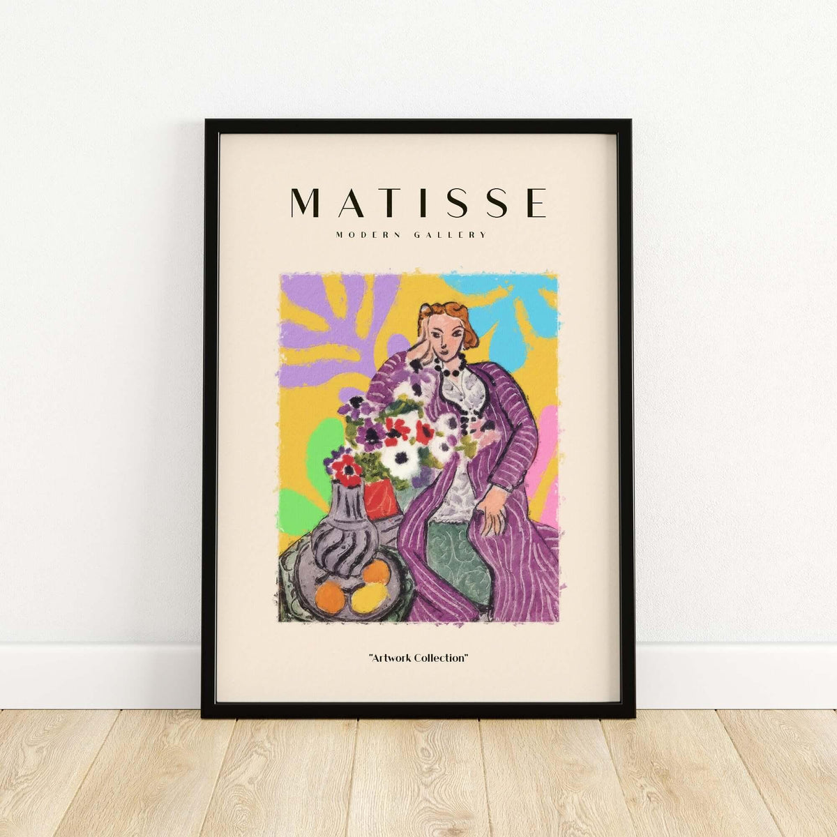 Matisse Art Prints - Stylized Woman with Flowers Fruit Still Life Interior Poster featuring vibrant colors and abstract design.