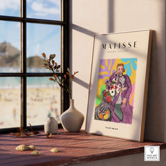 Matisse Art Prints - Stylized Woman with Flowers Fruit Still Life Interior Poster displayed in a vibrant indoor setting.