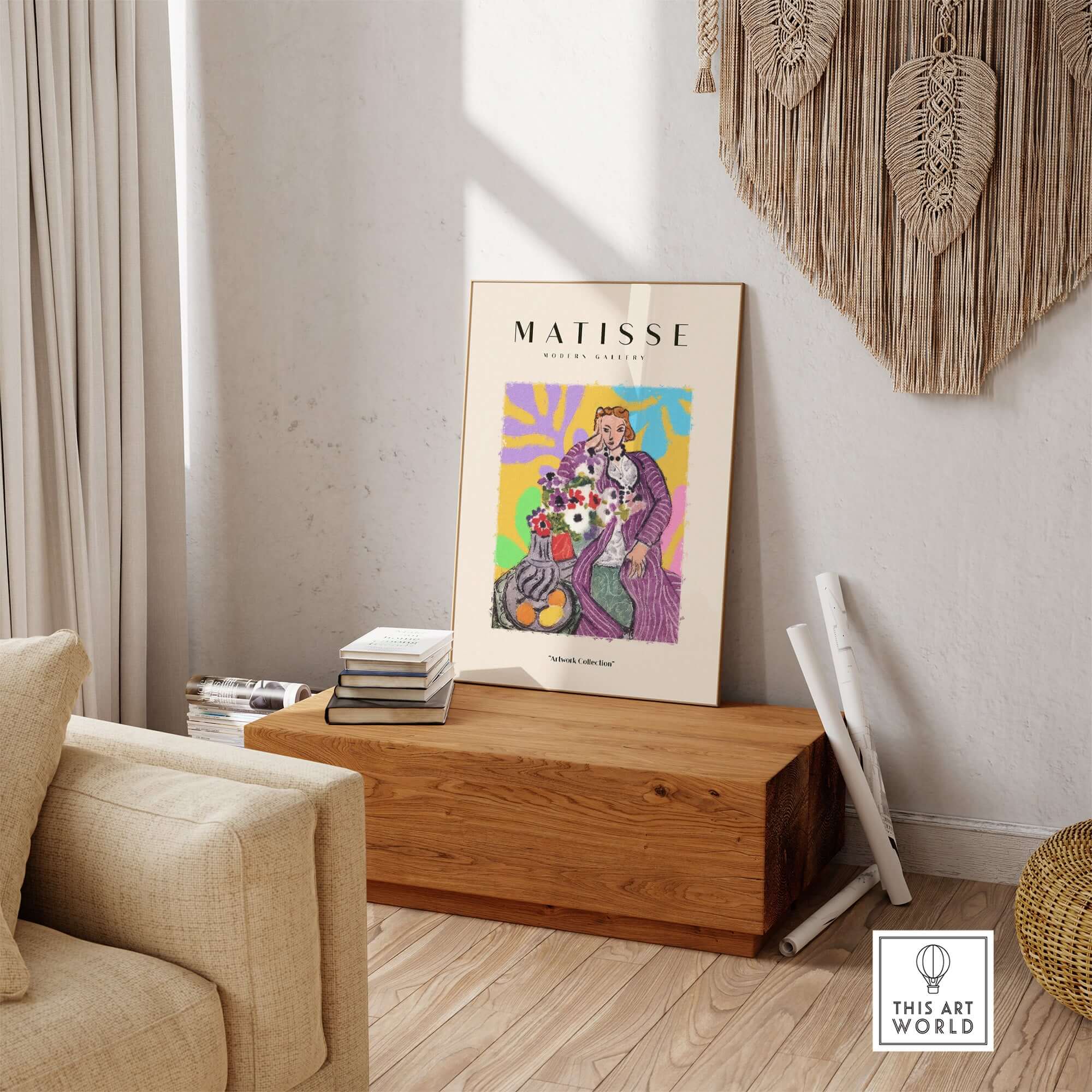 Matisse Art Prints - Stylized Woman with Flowers Fruit Still Life Interior Poster displayed in a modern living room.