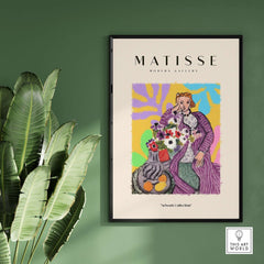 Matisse Art Prints - Stylized Woman with Flowers Fruit Still Life Interior Poster featuring a colorful design on a green wall.