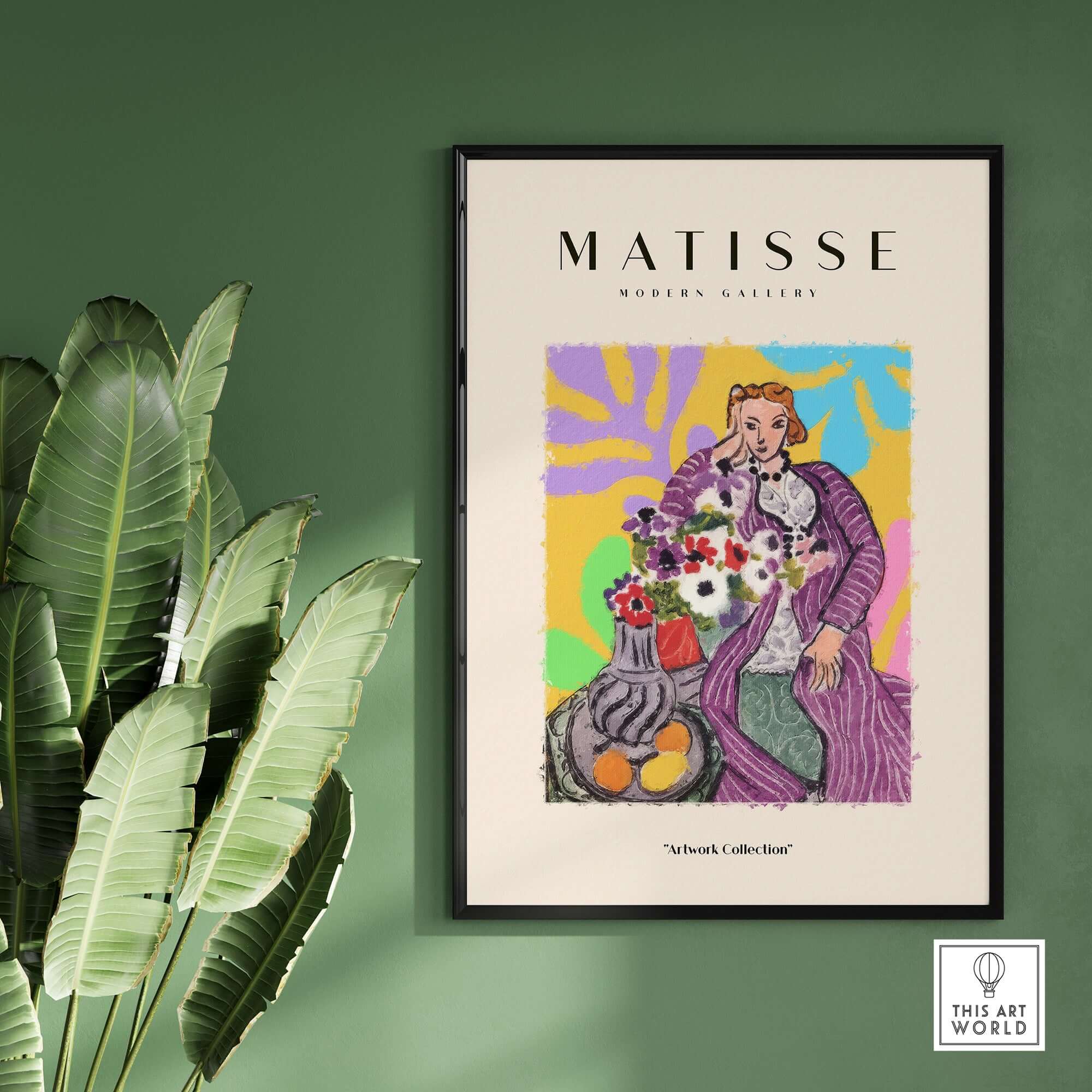 Matisse Art Prints - Stylized Woman with Flowers Fruit Still Life Interior Poster featuring a colorful design on a green wall.