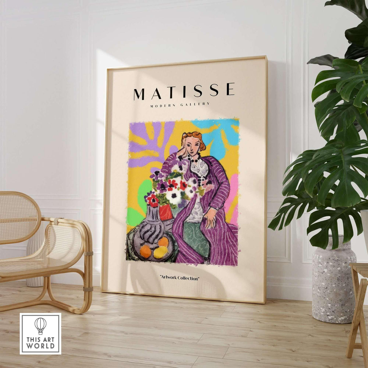Matisse Art Prints - Stylized Woman with Flowers Fruit Still Life Interior Poster in a modern gallery setting.
