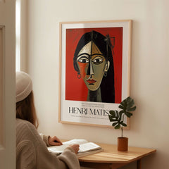 Matisse Art Prints - Stylized Woman Portrait Red Wall Art featuring a bold portrait against a vibrant red background.