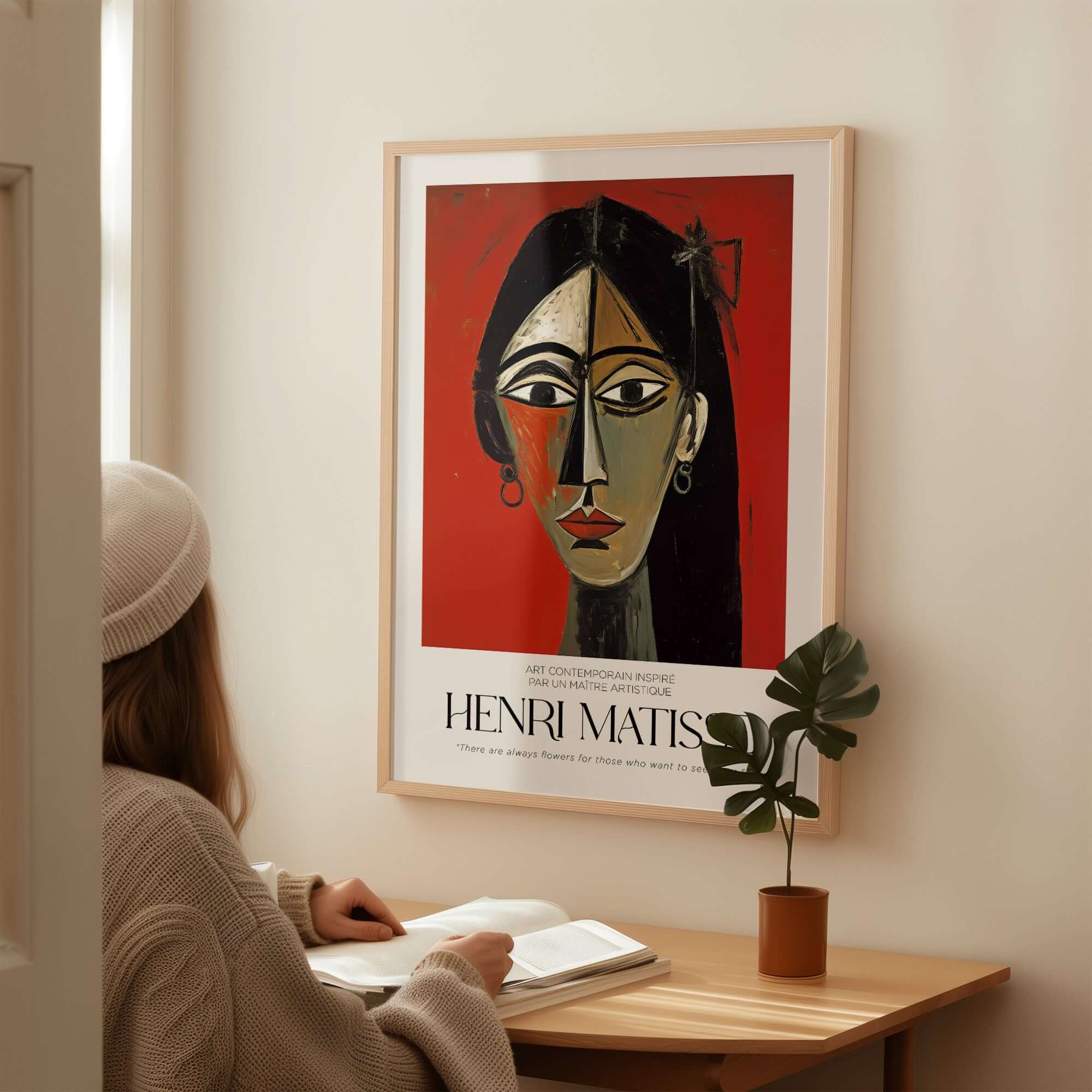 Matisse Art Prints - Stylized Woman Portrait Red Wall Art featuring a bold portrait against a vibrant red background.