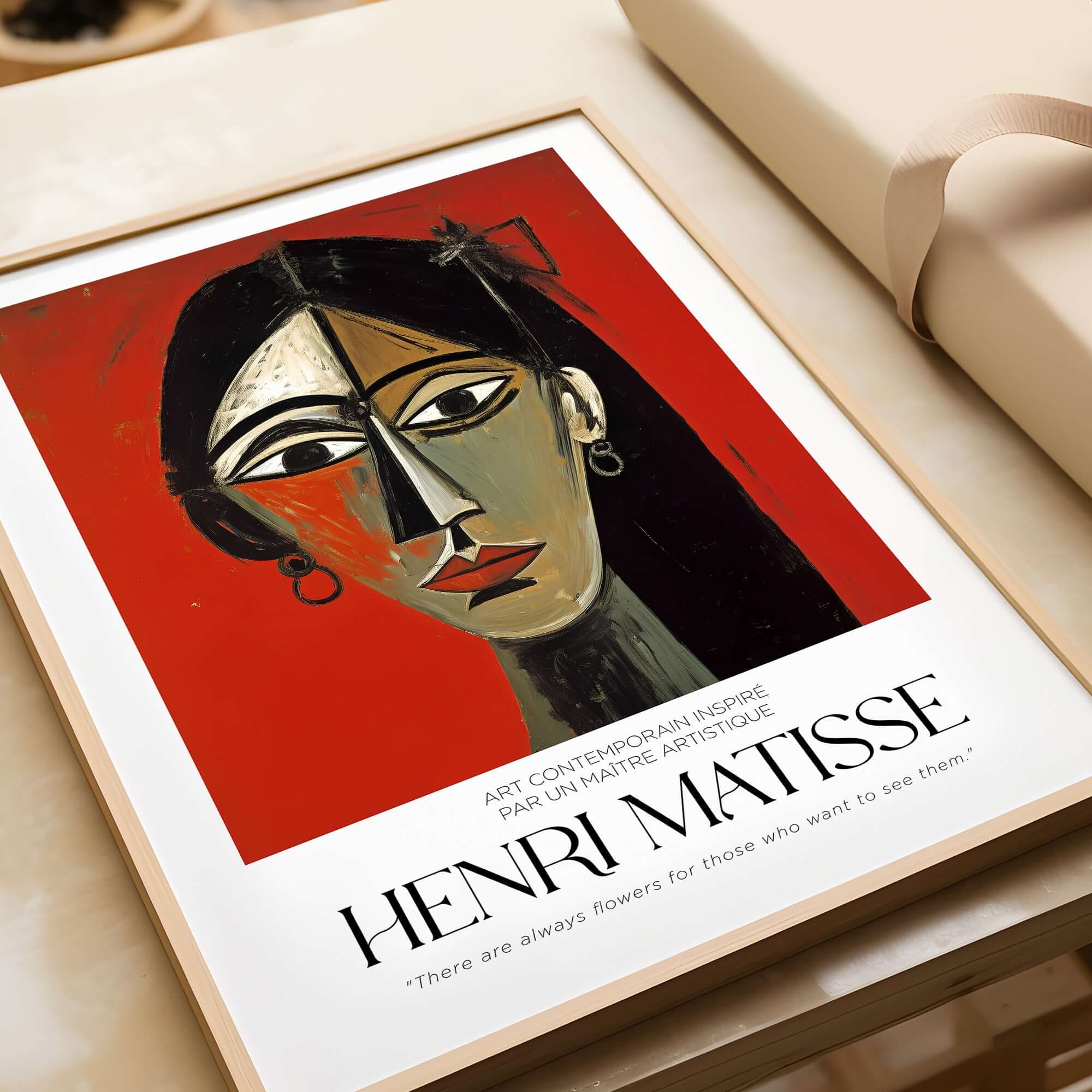 Matisse Art Prints - Stylized Woman Portrait Red Wall Art featuring a bold stylized portrait with vibrant red background.