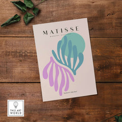Matisse Art Prints -Teal Pink Abstract Leaves Sun Poster featuring bold teal and lilac abstract shapes on beige.