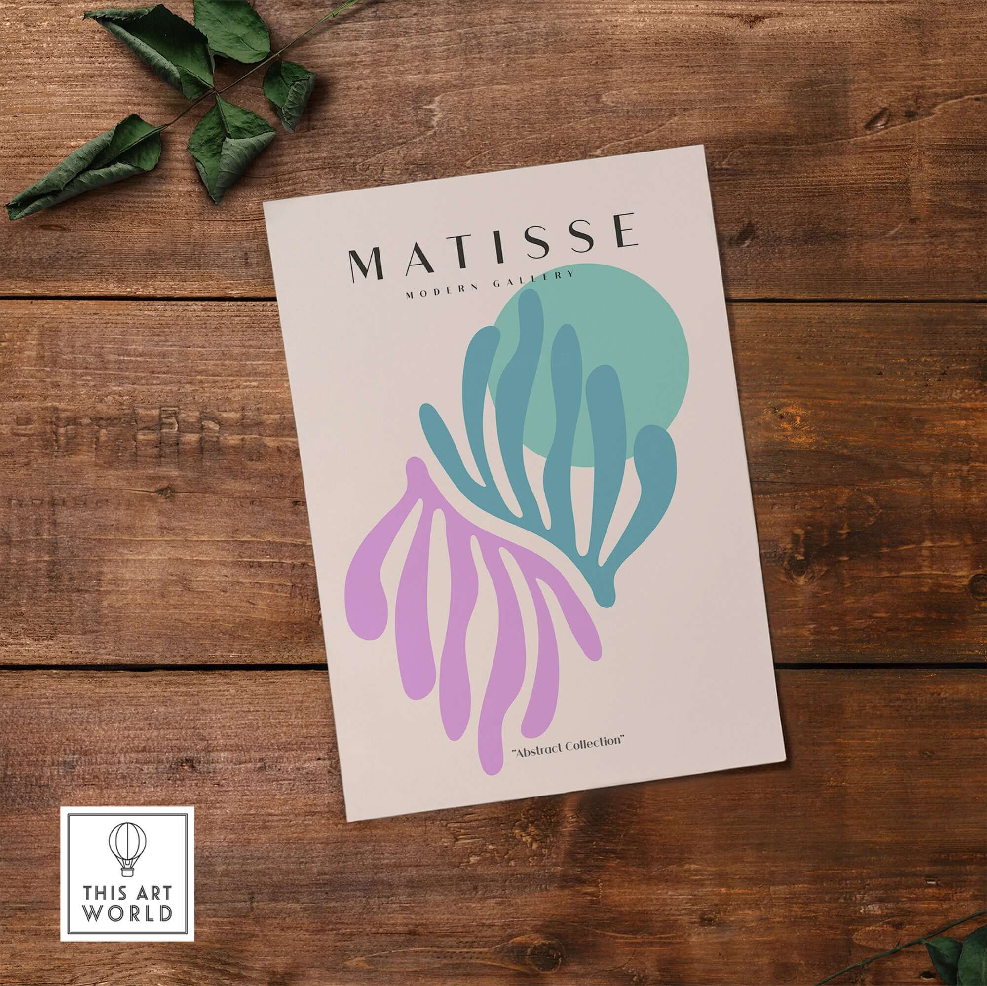 Matisse Art Prints -Teal Pink Abstract Leaves Sun Poster featuring bold teal and lilac abstract shapes on beige.