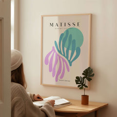 Matisse Art Prints -Teal Pink Abstract Leaves Sun Poster featuring abstract leaf designs in teal and pink.
