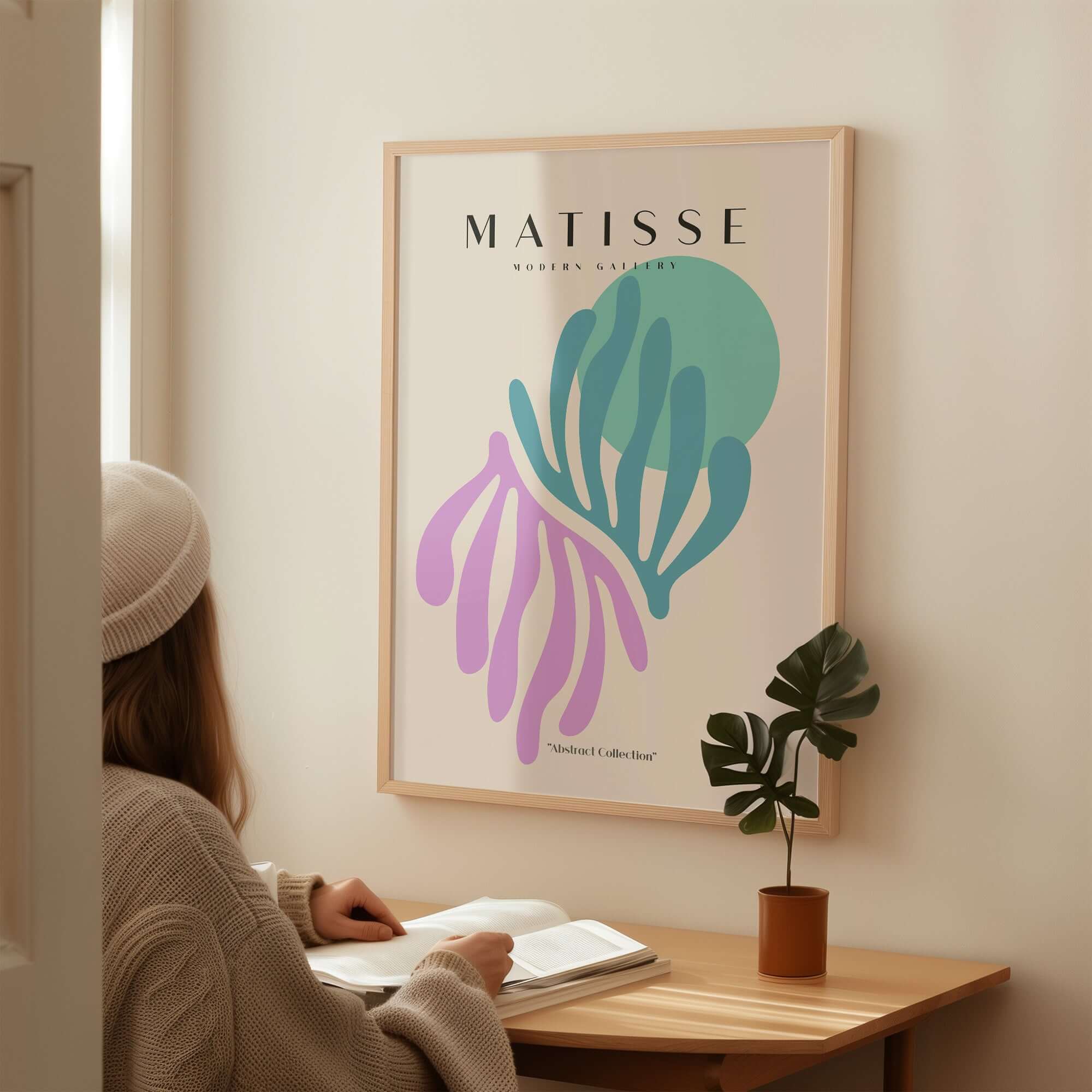 Matisse Art Prints -Teal Pink Abstract Leaves Sun Poster featuring abstract leaf designs in teal and pink.