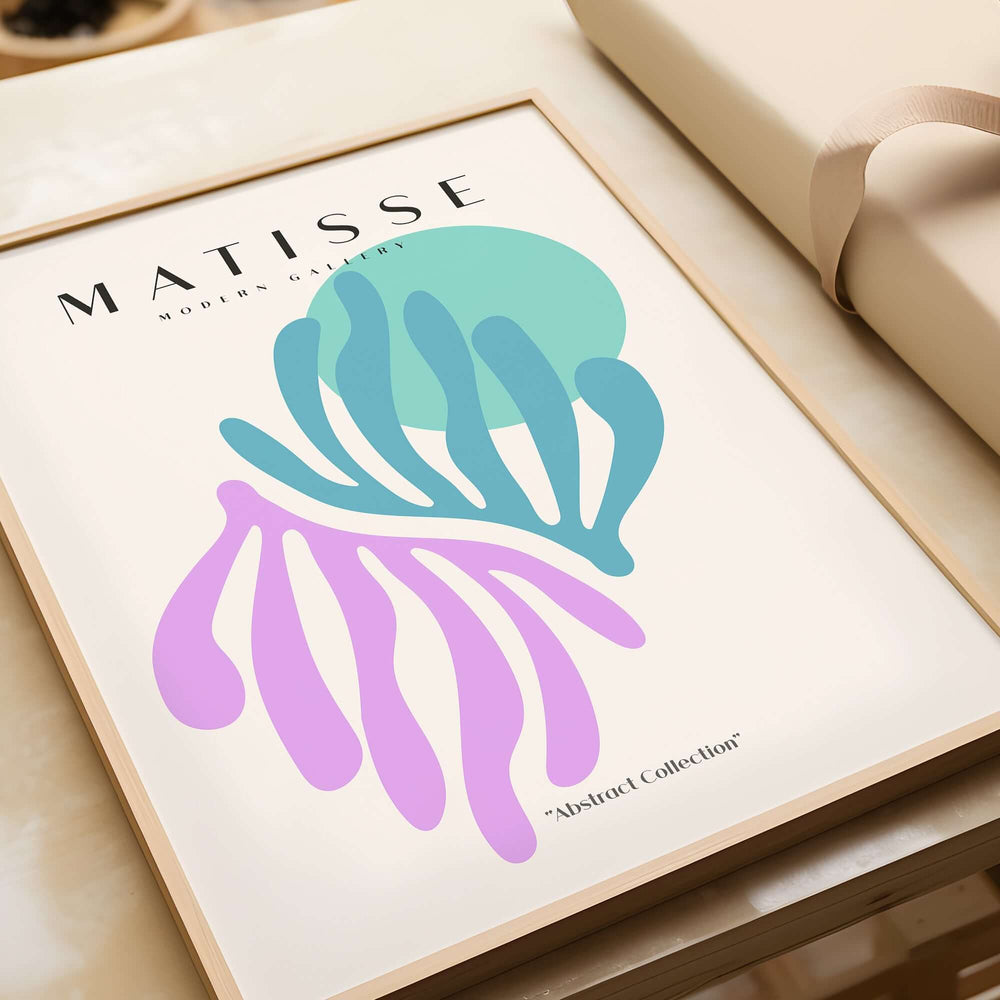 Matisse Art Prints -Teal Pink Abstract Leaves Sun Poster featuring colorful organic shapes and elegant design.