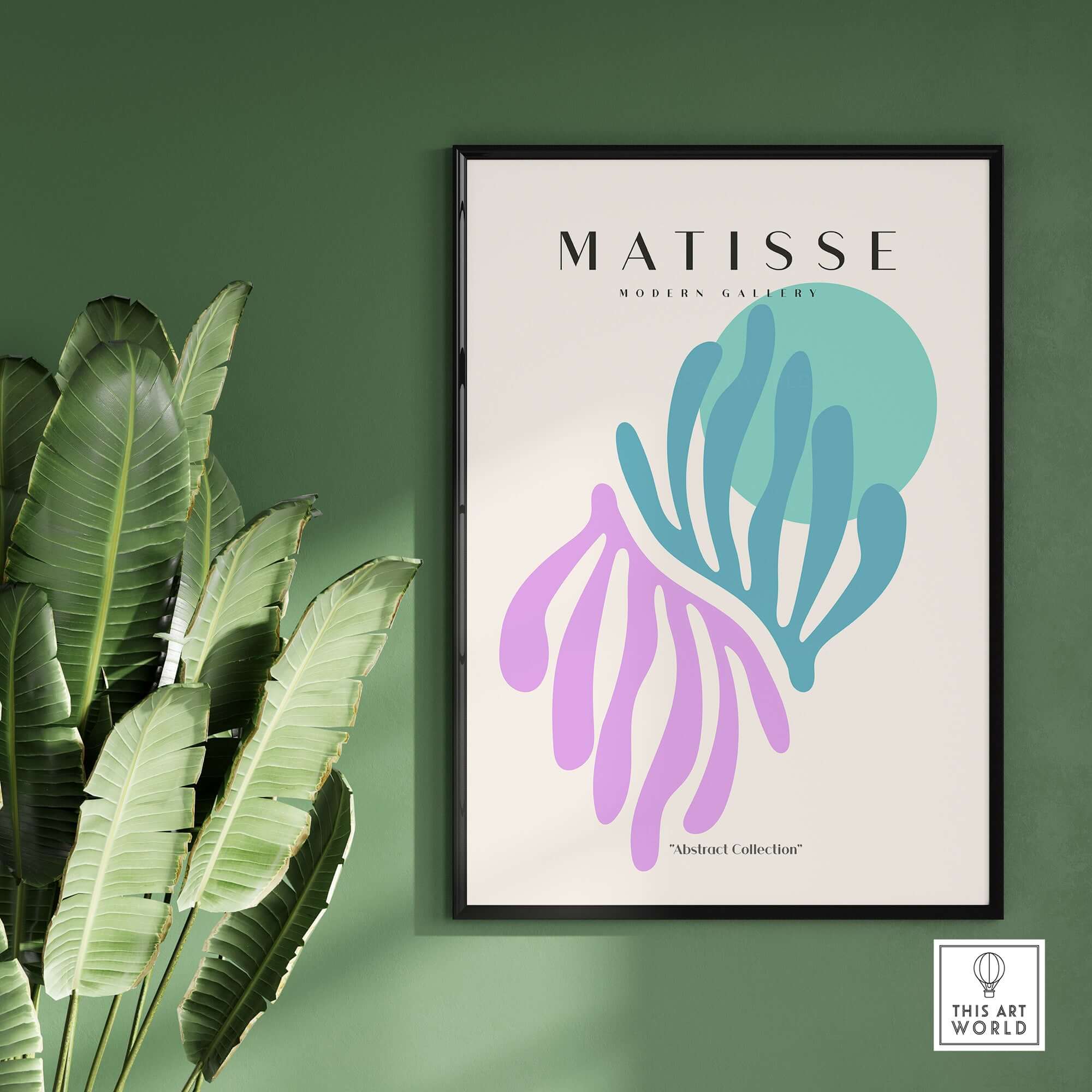 Matisse Art Prints -Teal Pink Abstract Leaves Sun Poster displayed in a modern gallery setting with tropical leaves.