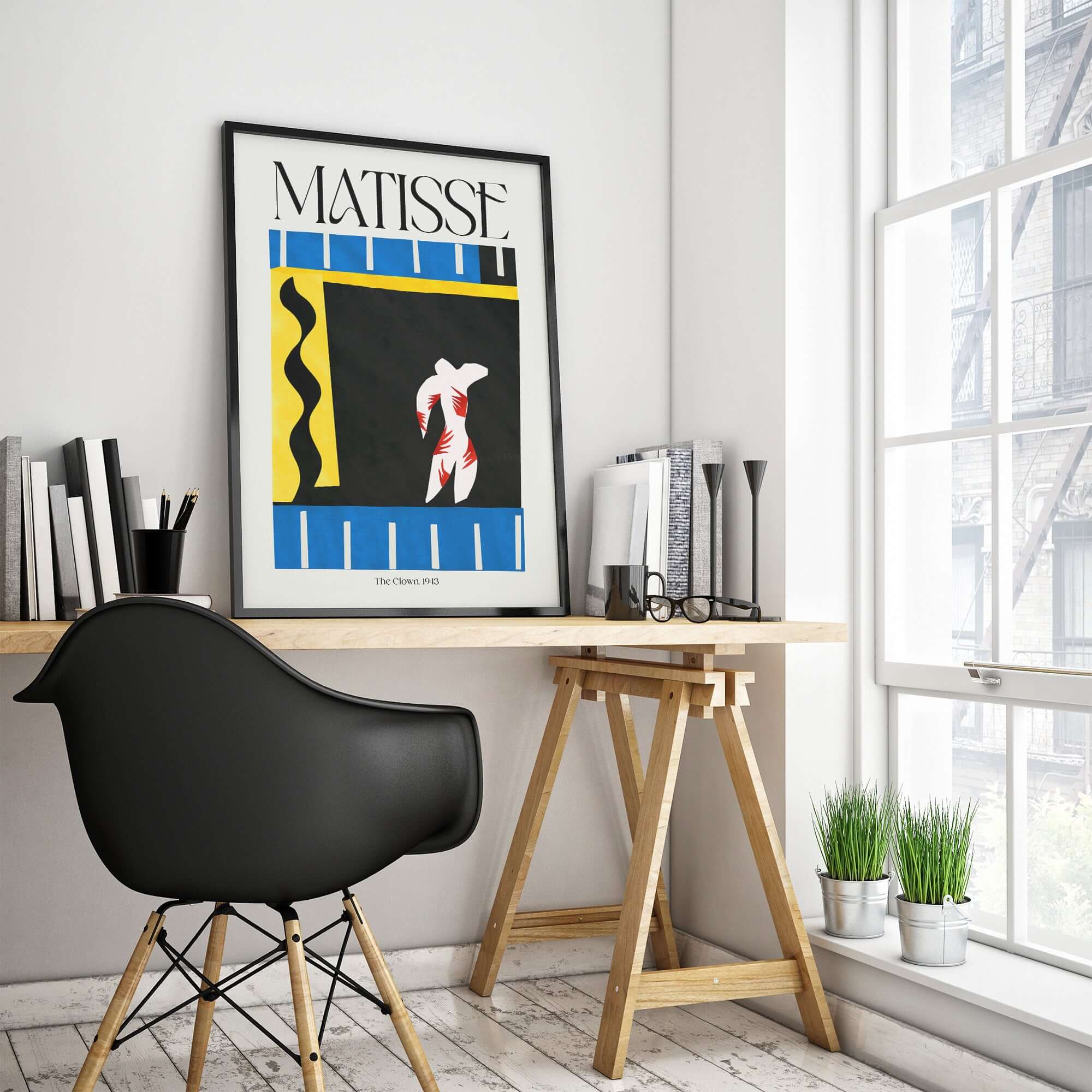 Matisse Art Print - The Clown 1943 Jazz Series Abstract Figure Poster displayed in a modern home office setting.