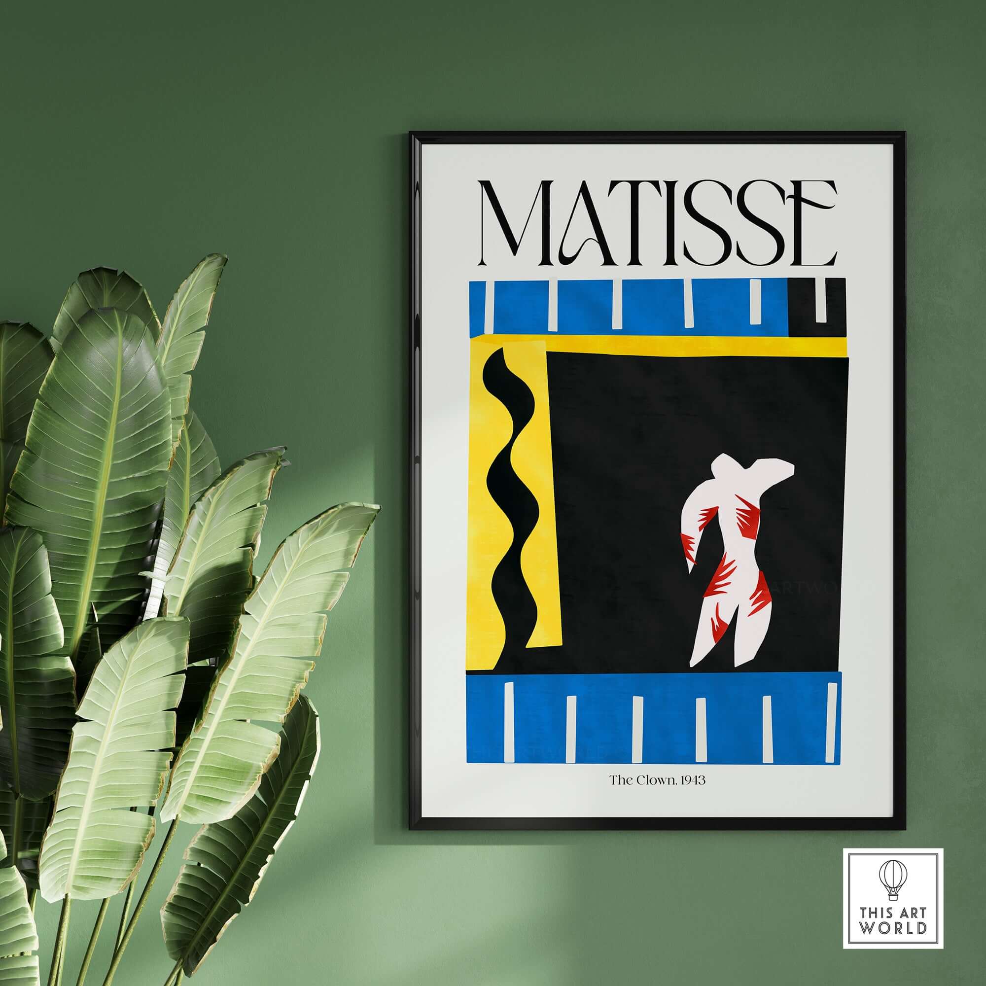 Matisse Art Print - The Clown 1943 Jazz Series Abstract Figure Poster displayed on a green wall with plants.