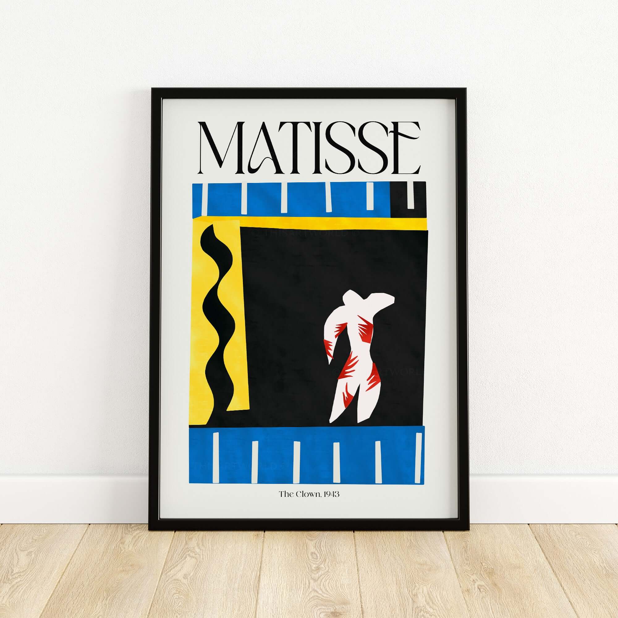 Matisse Art Print - The Clown 1943 Jazz Series Abstract Figure Poster featured in a vibrant frame.