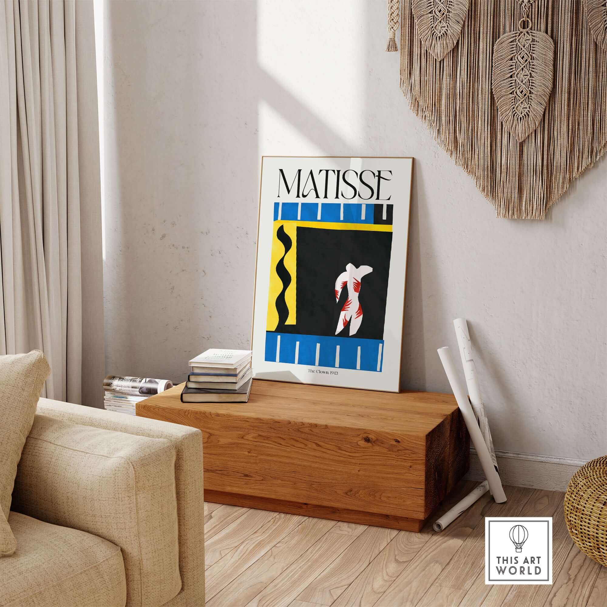 Matisse Art Print - The Clown 1943 Jazz Series Abstract Figure Poster displayed in a stylish living room setting.