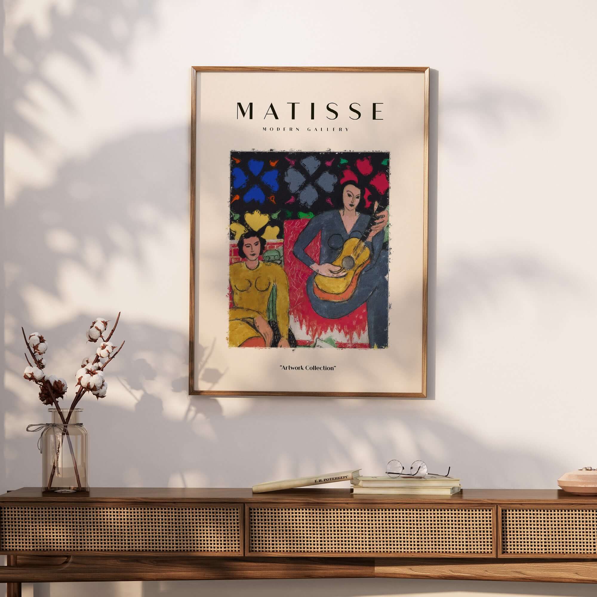 Matisse Art Prints - Two Women Guitar Interior Scene Poster displayed on a wall in a stylish interior.