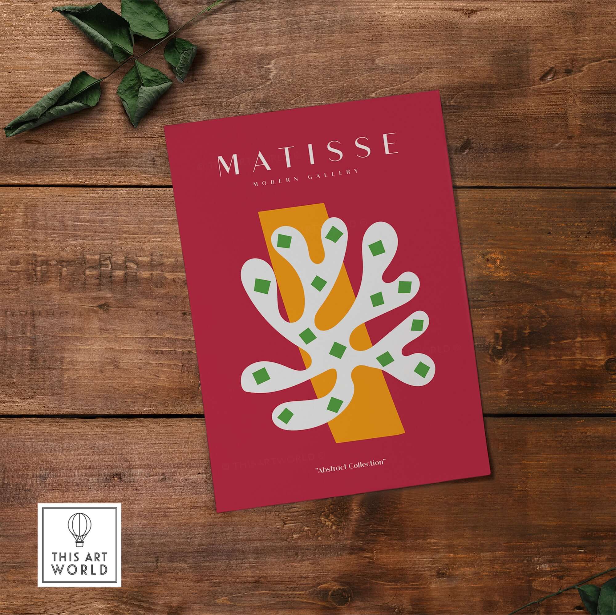 Matisse Art Prints - White Coral Abstract Green Diamonds Print poster artwork on wooden background.