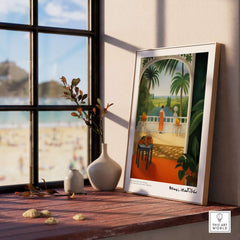 Matisse Art Prints - Woman on Balcony Sea View Poster displayed in a sunlit room with beach view.