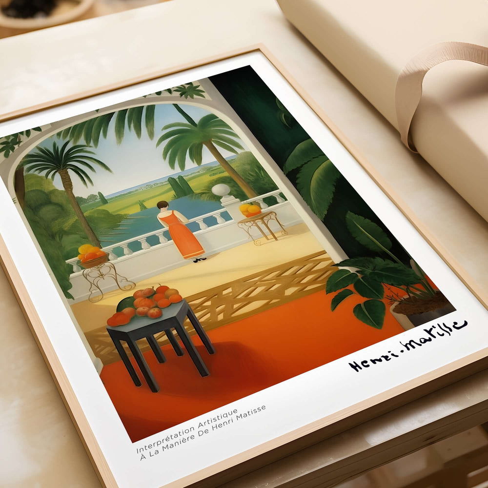 Matisse Art Prints - Woman on Balcony Sea View Poster featuring a woman in an orange dress overlooking the sea.