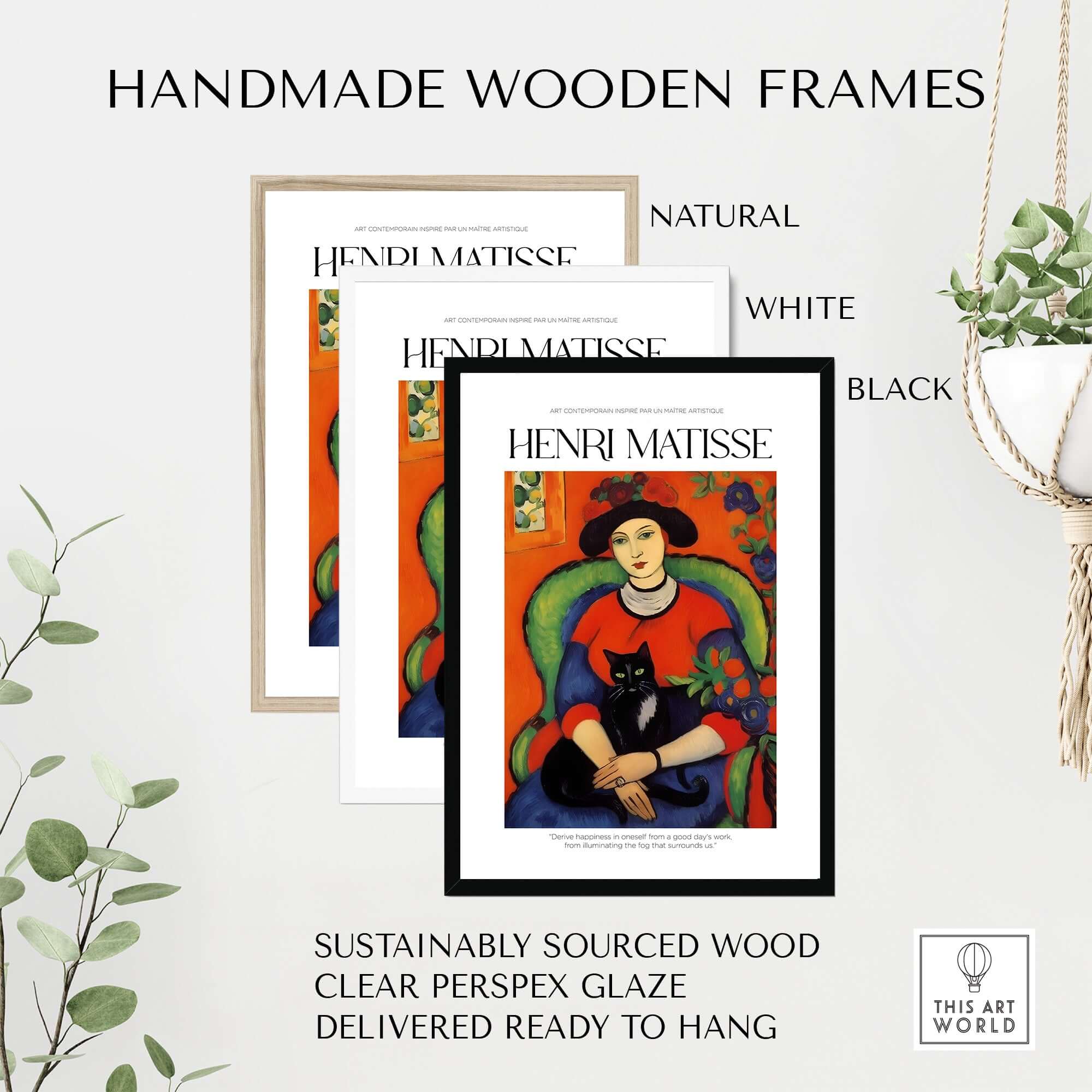 Matisse Art Prints - Woman with Black Cat Interior Poster framed in handmade wooden frames in natural, white, and black.