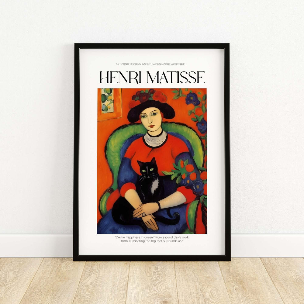 Matisse art print of a woman in a red top holding a black cat, featuring vibrant colors and floral patterns.