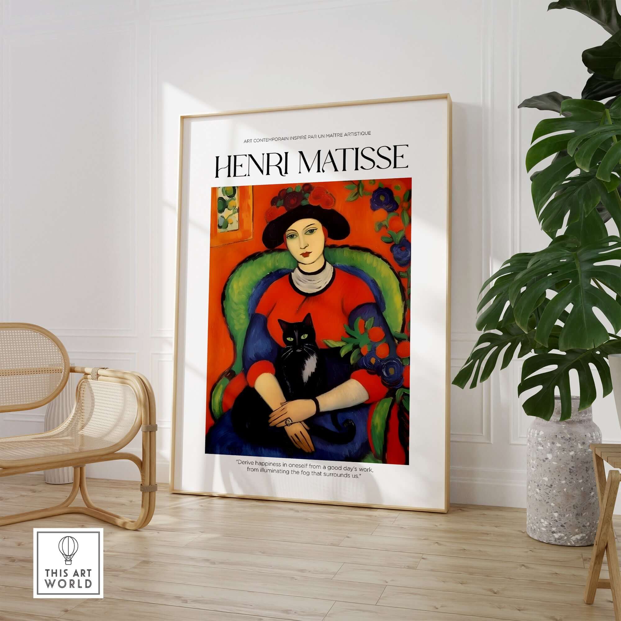 Matisse Art Prints - Woman with Black Cat Interior Poster featuring a woman with a sleek black cat in a colorful room.