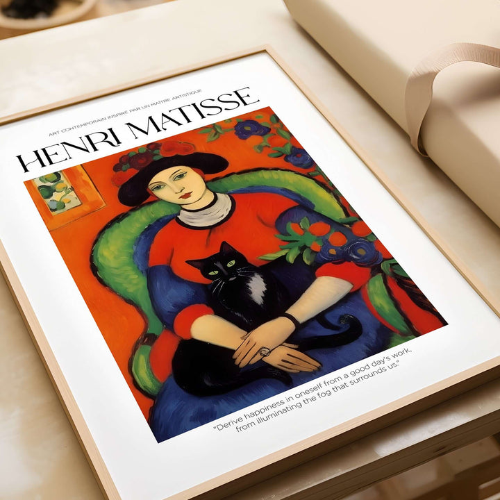 Matisse art print featuring a woman with a black cat in a vibrant, patterned interior decor.