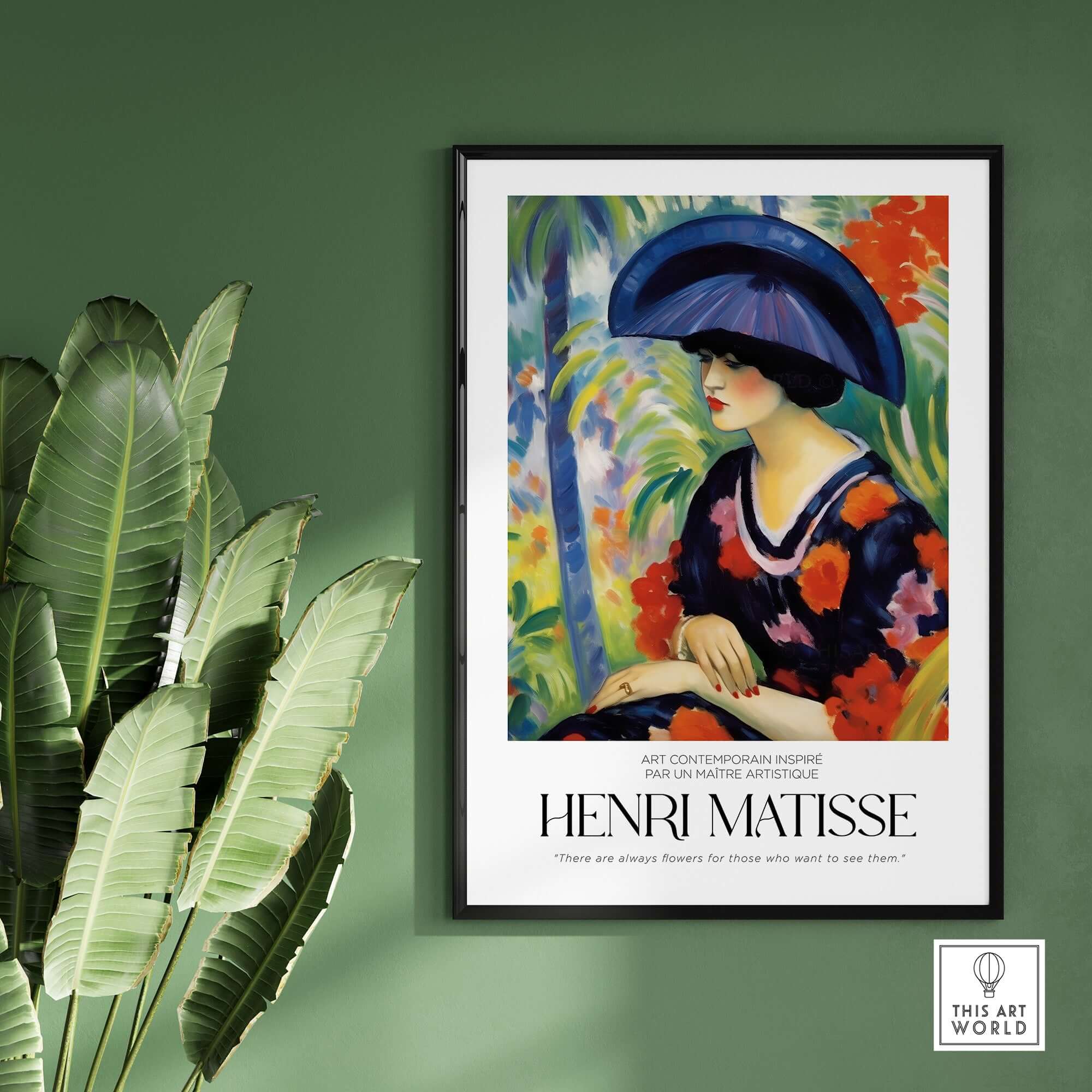 Matisse Art Prints - Woman with Blue Hat Garden Poster displayed in a modern interior setting with greenery.