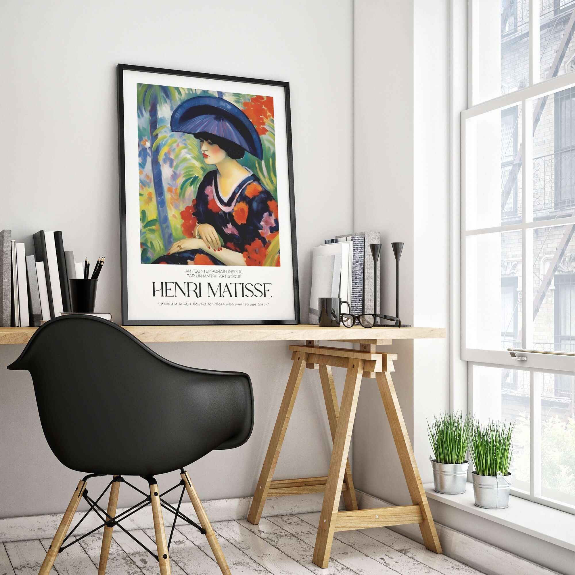 Matisse Art Prints - Woman with Blue Hat Garden Poster displayed in a stylish modern workspace.
