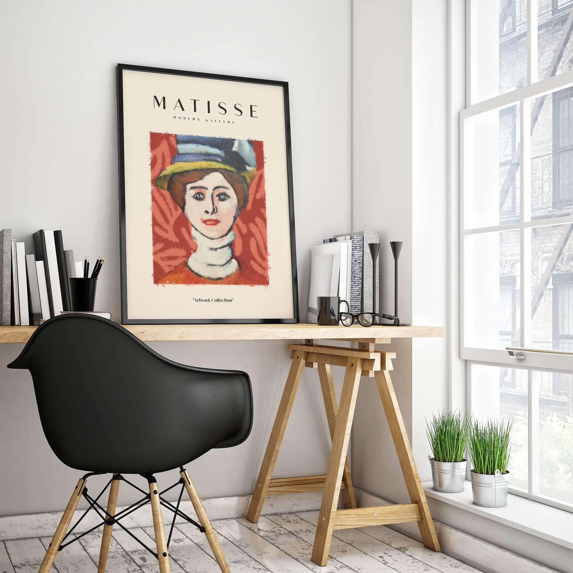Matisse Art Prints - Woman in Elaborate Hat Portrait Poster displayed in a stylish workspace.
