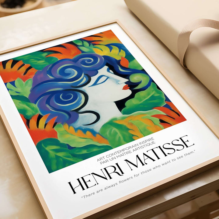 Henri Matisse art print featuring a woman surrounded by vibrant flowers and foliage, showcasing bold colors and abstract style.