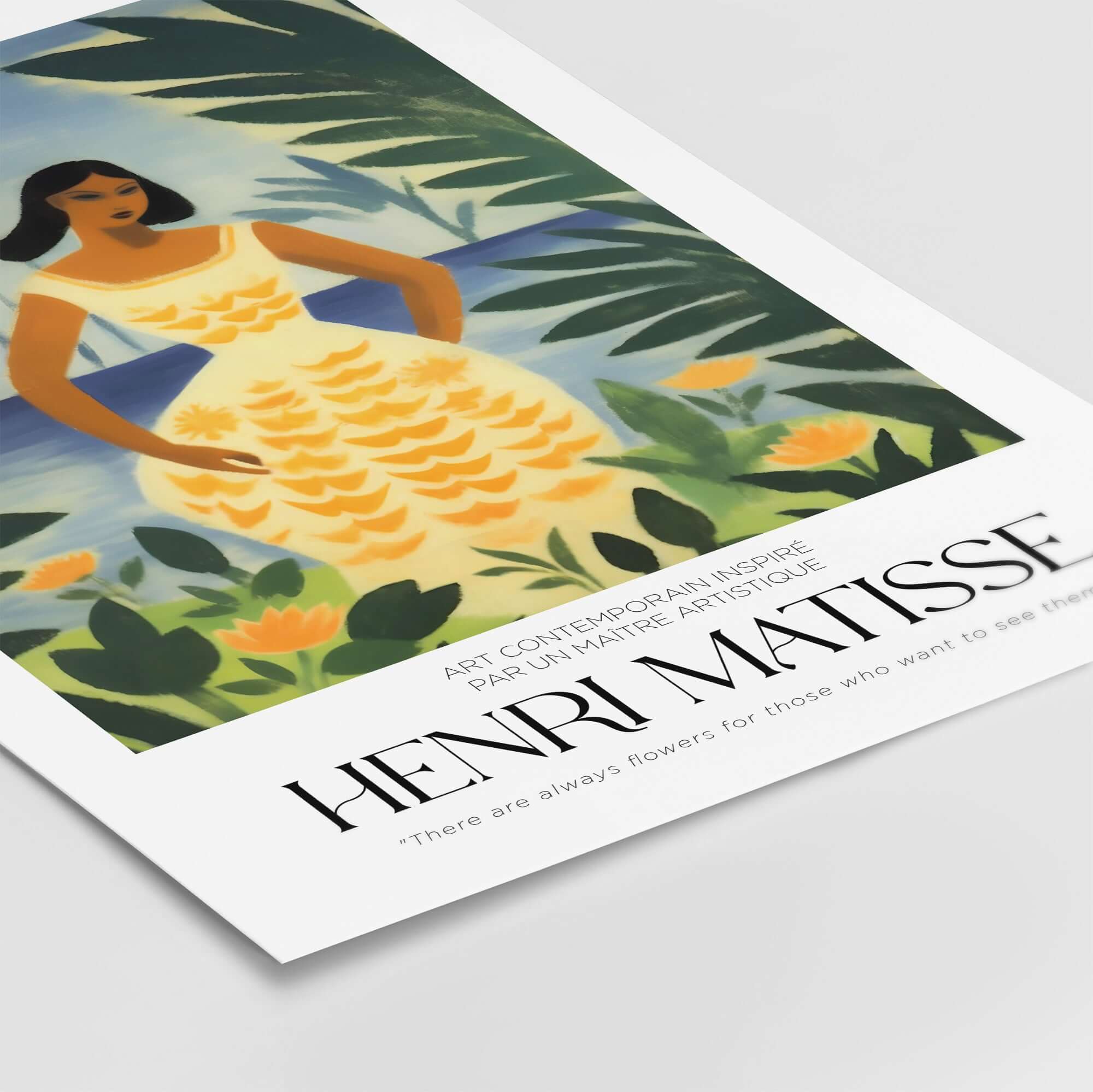 Matisse Art Prints - Woman Tropical Leaves Art Print featuring a woman in a white dress among tropical foliage and flowers.