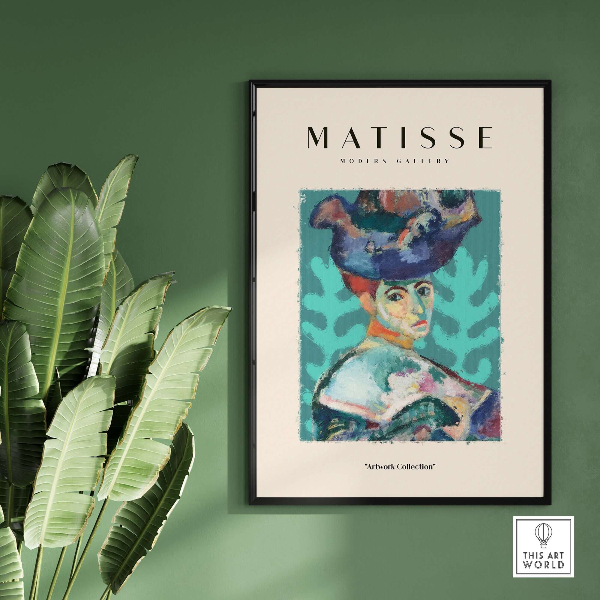 Matisse Art Prints - Woman Large Hat Portrait Teal Background Poster in a modern gallery setting with greenery.