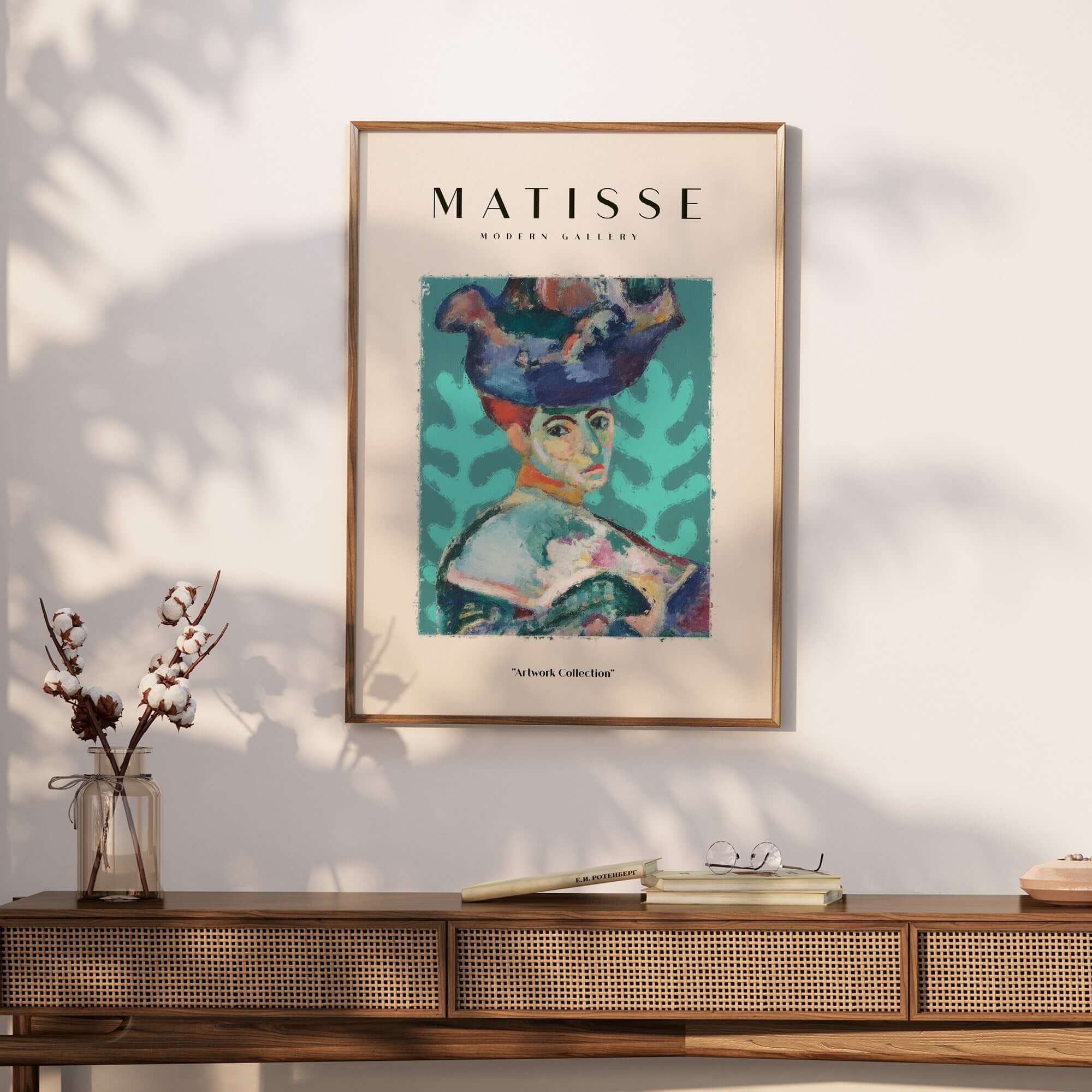 Matisse Art Prints - Woman Large Hat Portrait Teal Background Poster displayed in modern decor setting.