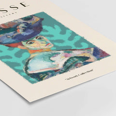 Matisse Art Prints - Woman Large Hat Portrait Teal Background Poster featuring a colorful portrait with bold shapes on a teal backdrop.