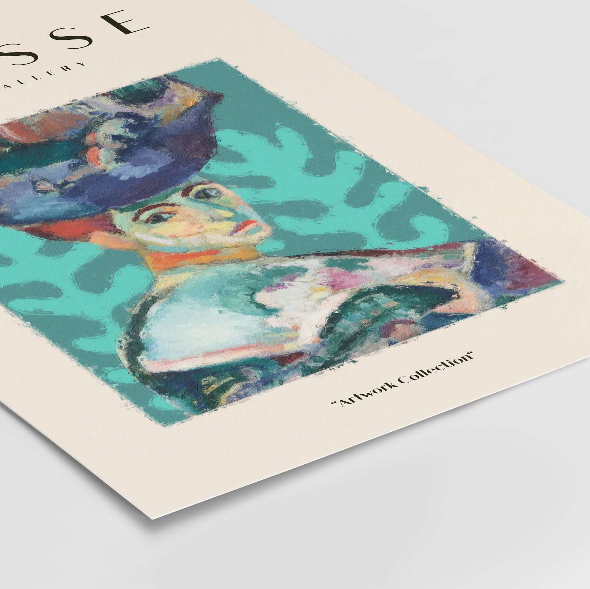 Matisse Art Prints - Woman Large Hat Portrait Teal Background Poster featuring a colorful portrait with bold shapes on a teal backdrop.