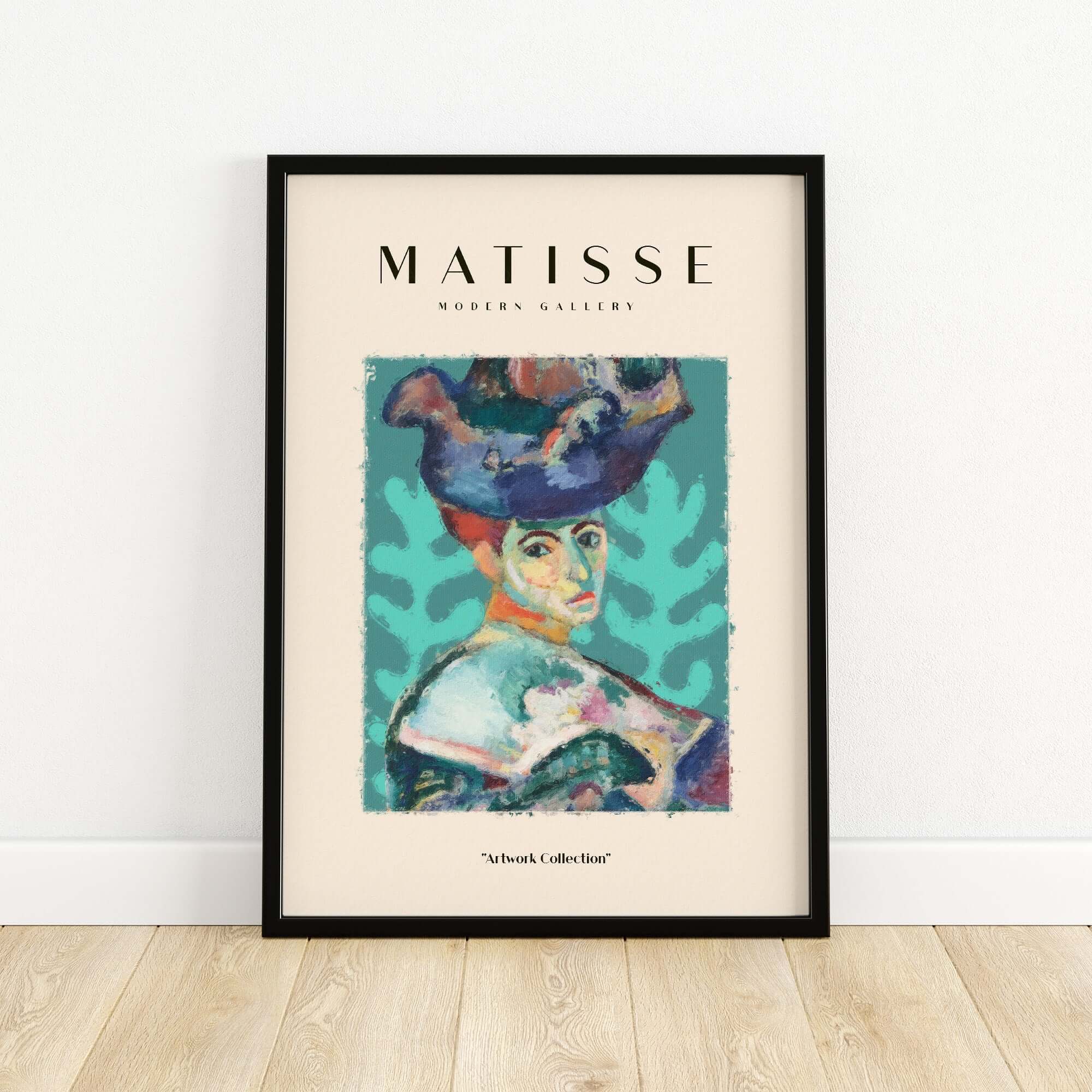Matisse Art Prints - Woman Large Hat Portrait Teal Background Poster displayed in a modern frame on wooden floor.